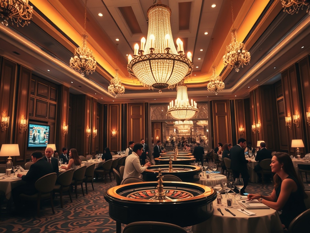 "luxury casino hotel interior at night, warm chandeliers, elegant lounge, sparkling roulette lights, guests smiling, cocktails and fine dining, vibrant yet refined mood"