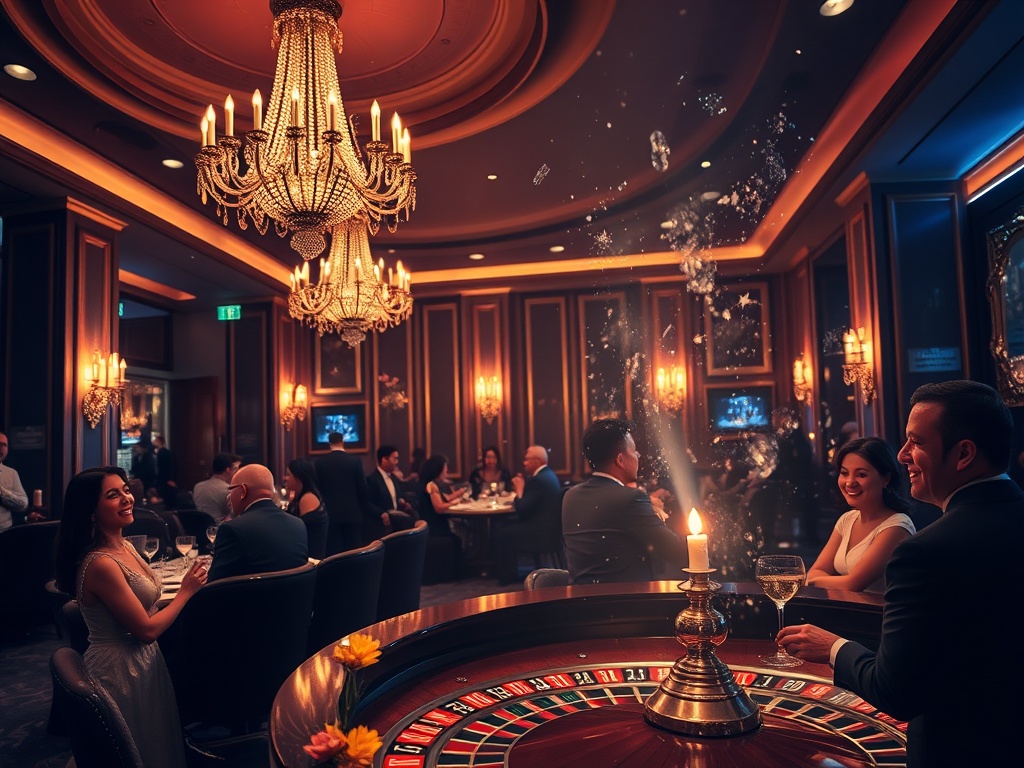"luxury casino hotel interior at night, warm chandeliers, elegant lounge, sparkling roulette lights, guests smiling, cocktails and fine dining, vibrant yet refined mood"