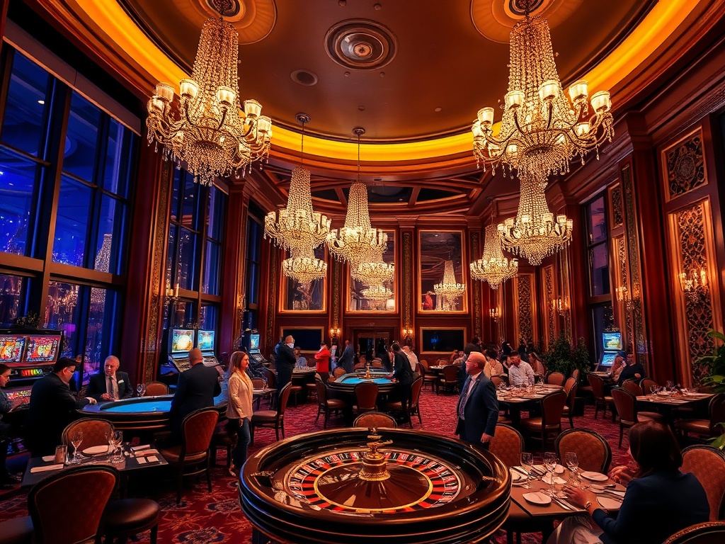 "luxury casino hotel interior at night, warm chandeliers, elegant lounge, sparkling roulette lights, guests smiling, cocktails and fine dining, vibrant yet refined mood"