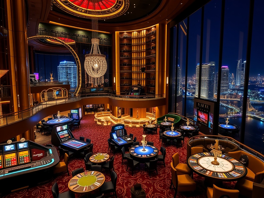 A luxury UK casino hotel at night, elegant lobby, glowing gaming tables, chic lounge with cocktails, gourmet dining ambience, vibrant skyline reflections.