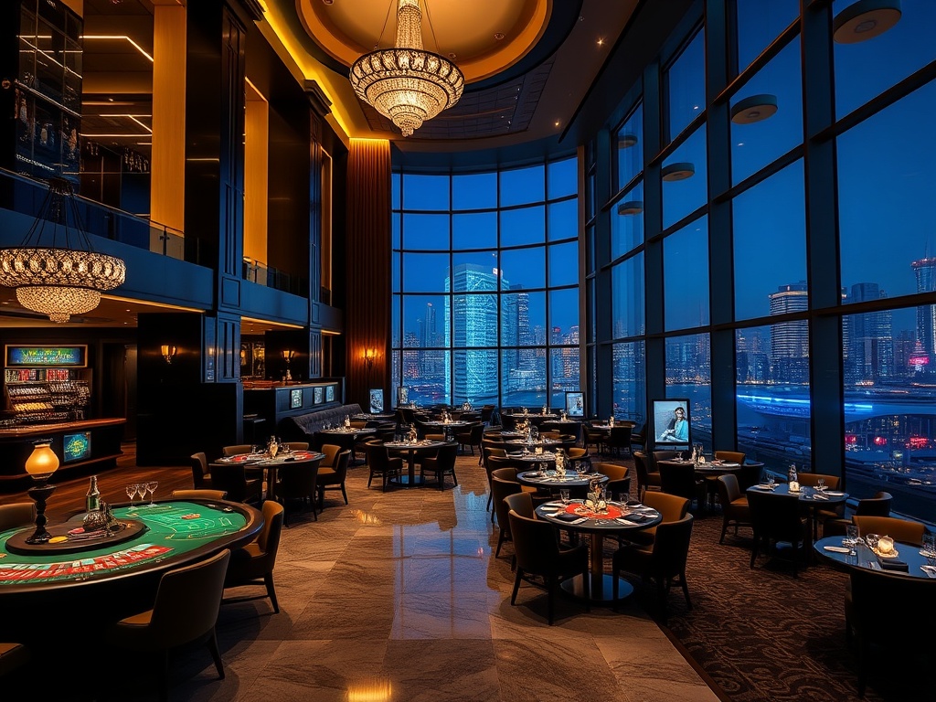 A luxury UK casino hotel at night, elegant lobby, glowing gaming tables, chic lounge with cocktails, gourmet dining ambience, vibrant skyline reflections.