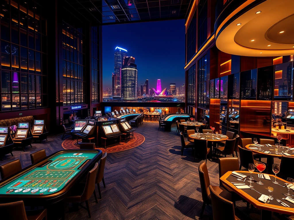 A luxury UK casino hotel at night, elegant lobby, glowing gaming tables, chic lounge with cocktails, gourmet dining ambience, vibrant skyline reflections.
