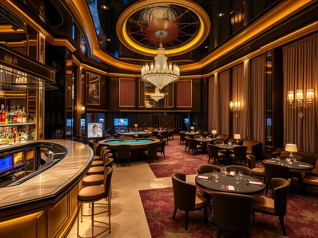 “glamorous UK casino hotel interior at night” “elegant marble bar” “golden gaming tables” “soft lounge lights” “silk-draped suites” “fine dining setting” “vibrant atmosphere”