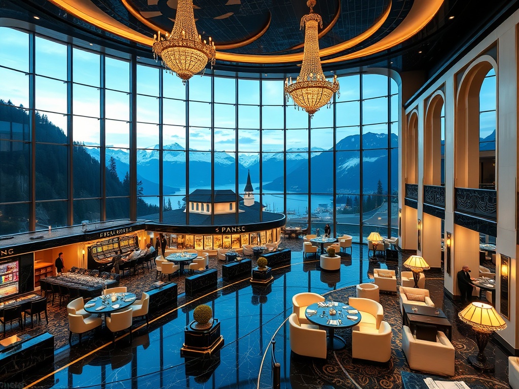 A royal Austrian resort interior panorama "black marble" "ivory lounges" "gold accents" overlooking "casino gaming hall" "gourmet dining" "luxury spa" "evening live music ambiance".