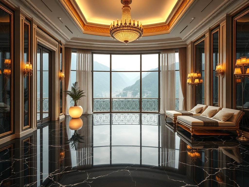 A royal Austrian resort interior, “black marble” floors, “ivory” soft lighting, “gold” accents, panoramic grand suite balcony, spa glow, distant casino hall lights, champagne lounge mood.