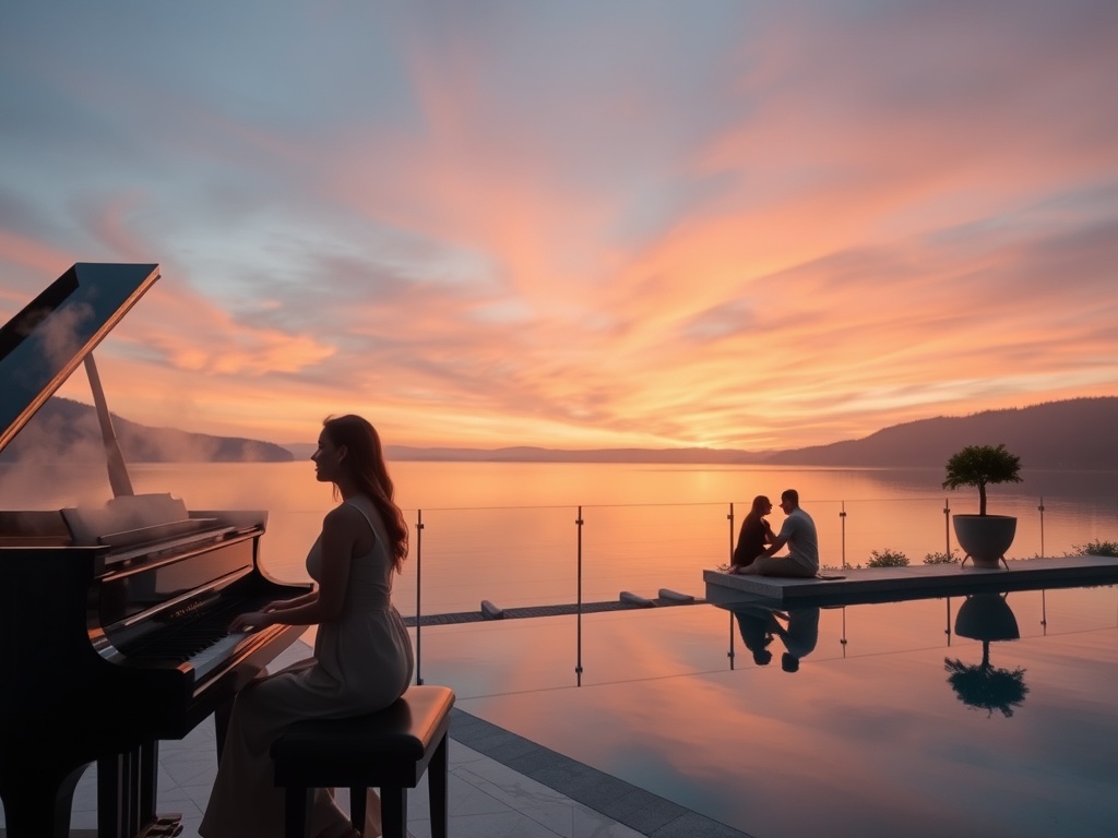 "lakeside Austrian luxury boutique casino hotel" "adult-only ambience" "elegant spa steam" "piano lounge glow" "quiet couple on terrace" "gentle sunset reflections" "marble details"