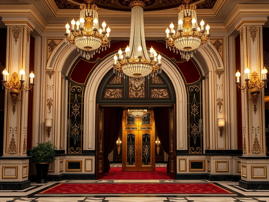 "imperial Austrian casino hotel entrance" "ivory and black marble" "burgundy velvet glow" "gold filigree" "grand chandeliers" "evening elegance"
