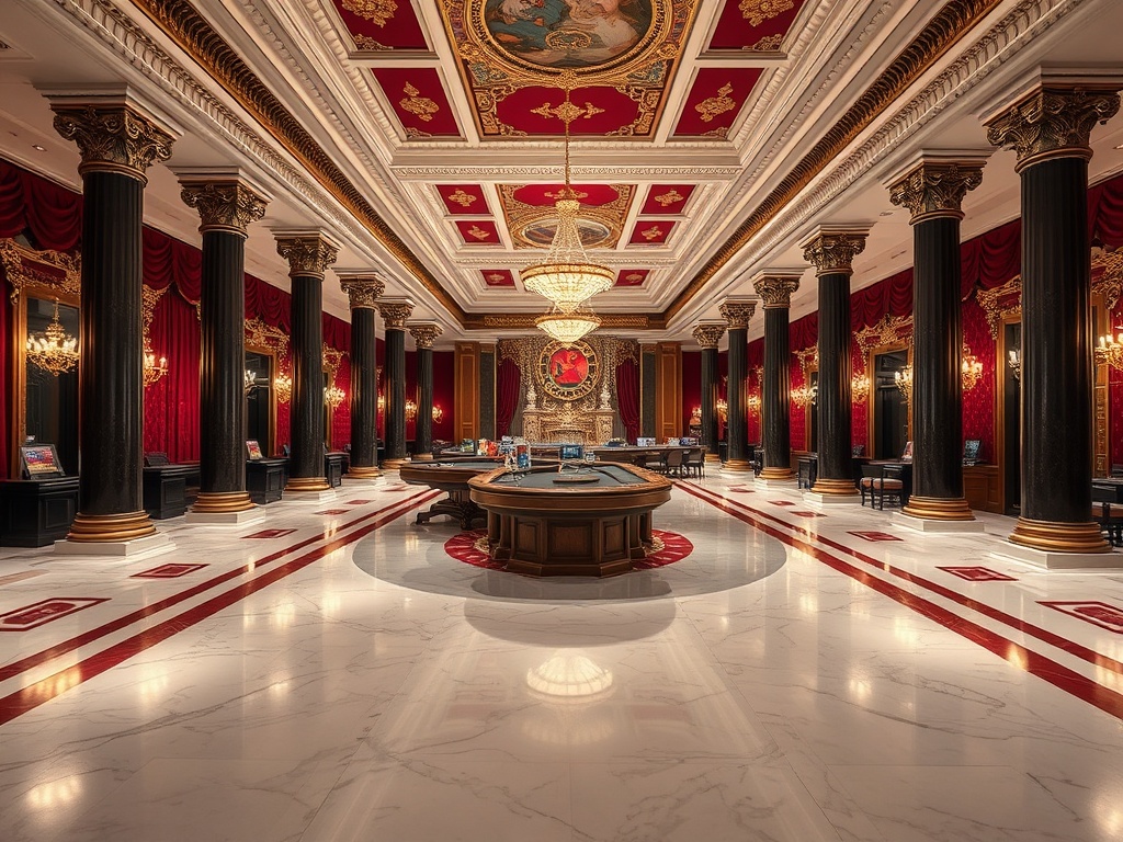 A neoclassical Austrian casino palace interior with burgundy velvet, marble white floors, dark bronze columns, gold accents, warm lighting, gaming hall visible.