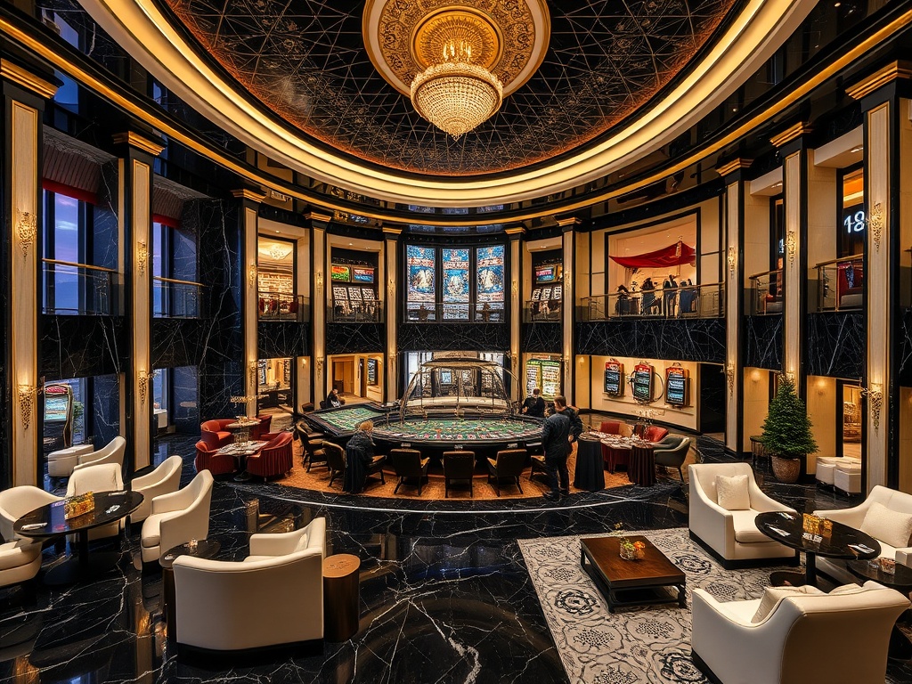 A royal Austrian resort interior panorama "black marble" "ivory lounges" "gold accents" overlooking "casino gaming hall" "gourmet dining" "luxury spa" "evening live music ambiance".