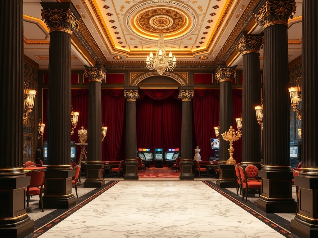 A neoclassical Austrian casino palace interior with burgundy velvet, marble white floors, dark bronze columns, gold accents, warm lighting, gaming hall visible.