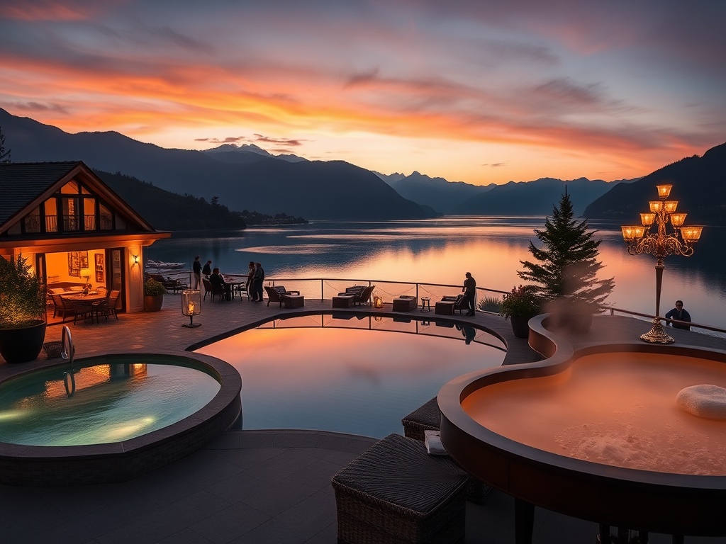 Elegant lakeside Austria boutique casino hotel at dusk, panoramic suites, serene spa steam, intimate piano lounge lighting, gourmet dining ambiance, cinematic luxury.
