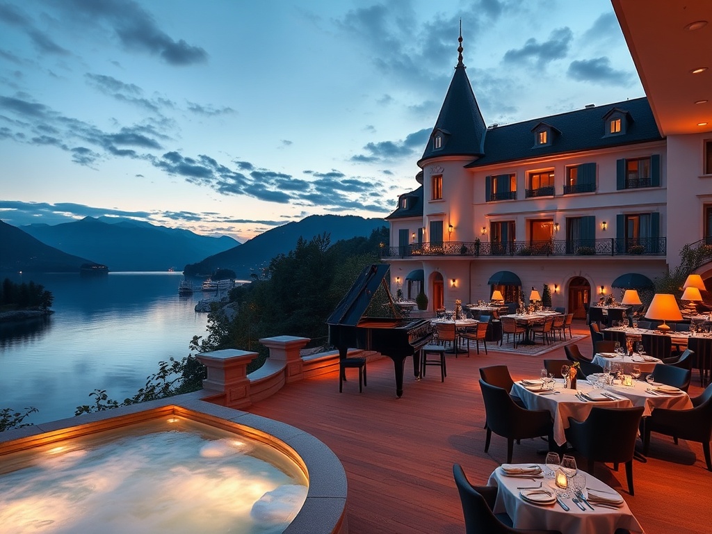 Elegant lakeside Austria boutique casino hotel at dusk, panoramic suites, serene spa steam, intimate piano lounge lighting, gourmet dining ambiance, cinematic luxury.