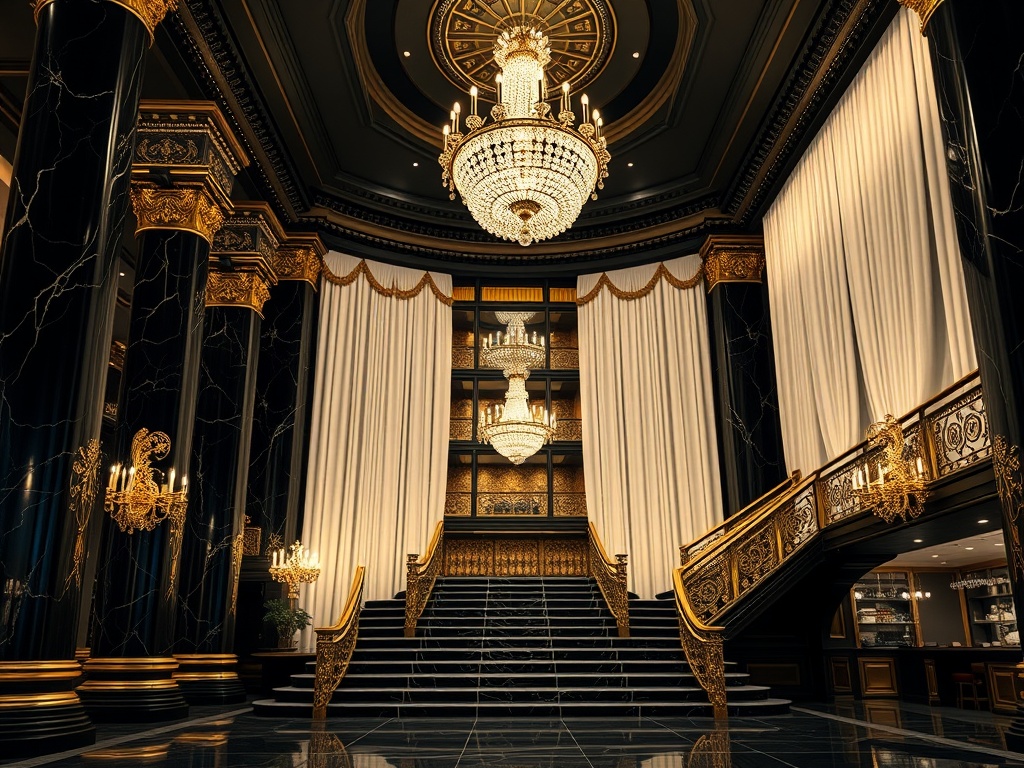 "luxury Austrian casino hotel header scene, black marble columns, ivory drapes, gold filigree, grand staircase, chandelier glow, champagne lounge ambience, elegant atmosphere, no people."