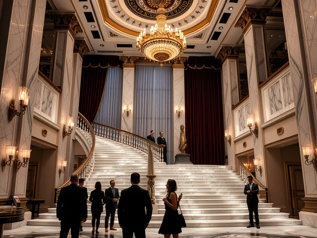 “Luxurious heritage casino palace interior, grand marble white staircase, burgundy velvet curtains, dark bronze and gold accents, warm chandelier glow, elegant guests silhouette, evening ambiance”