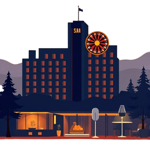 Carefully describe an image in great detail that needs to be generate, use quotes to split visual things. "casino" "spa" "dining" — create a single-icon scene that suggests a premium Finnish casino hotel experience
