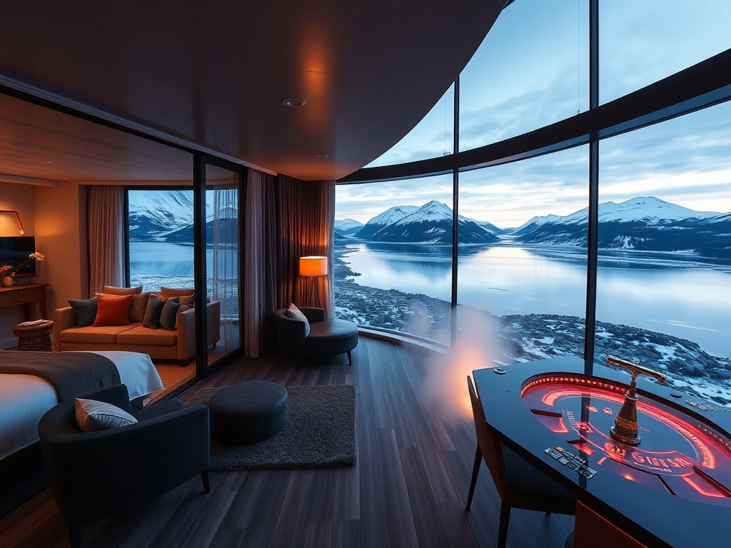 Panoramic arctic fjord resort interior montage