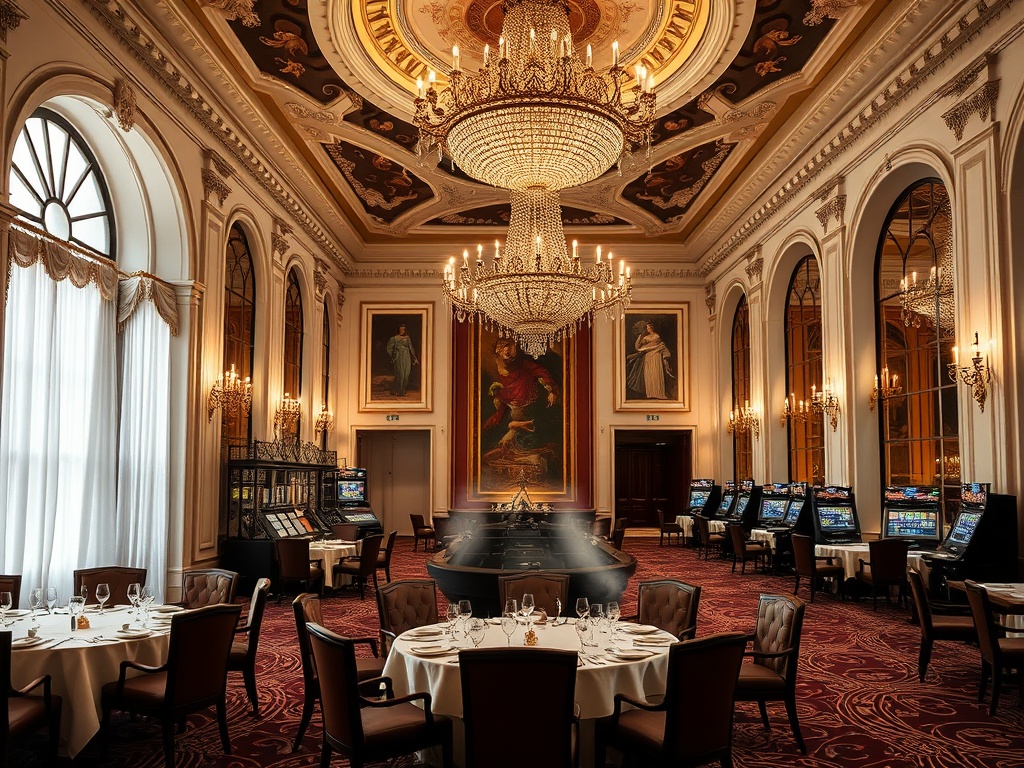 “Imperial Austrian casino hotel interior, ivory black burgundy gold, grand chandelier; elegant dining with Austrian dishes; serene spa steam; distant casino tables, warm cinematic light.”