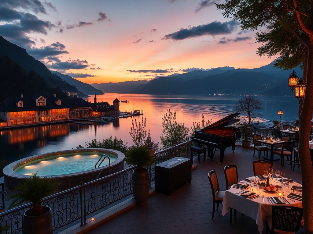 Elegant lakeside Austria boutique casino hotel at dusk, panoramic suites, serene spa steam, intimate piano lounge lighting, gourmet dining ambiance, cinematic luxury.