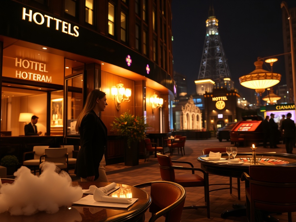 "Rotterdam hotel exterior at night, warm lobby light, concierge handing a key card, elegant dining table, spa steam, distant casino roulette glow, stylish adults."
