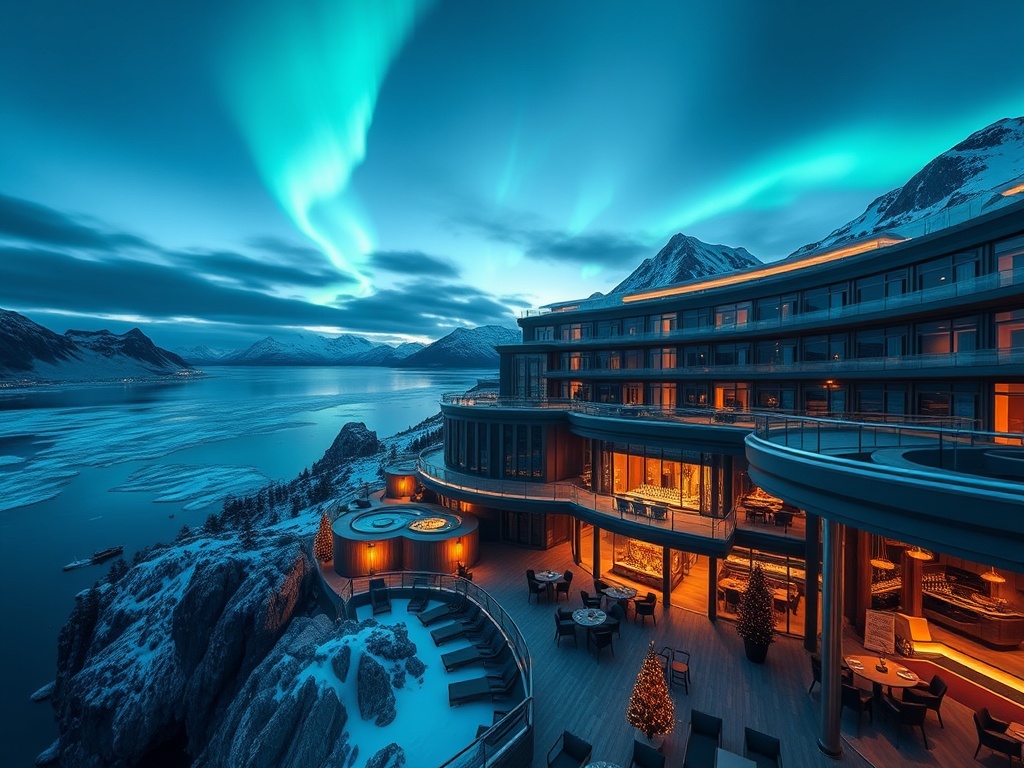 "Panoramic arctic fjord casino resort at dusk, sleek glacier-blue glass façade, warm lights, adults-only luxury vibe, sky-view bar terrace, subtle gaming lounge glow, aurora." "Color