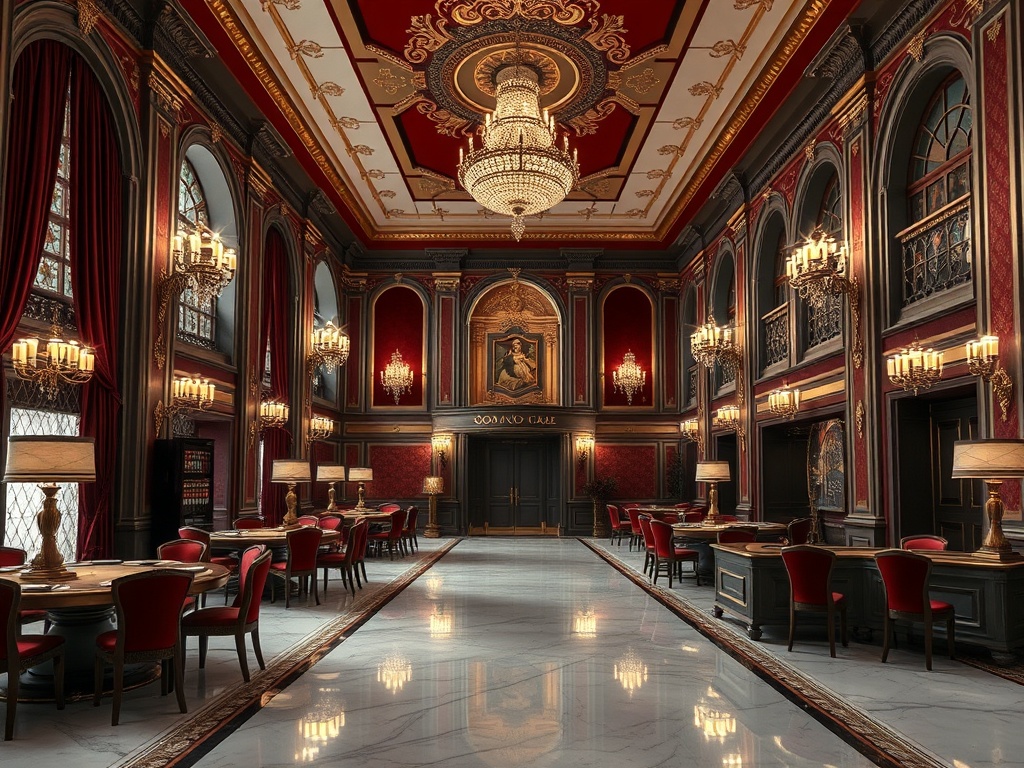 Regal Austrian heritage palace hotel interior, burgundy velvet, marble-white floors, dark bronze accents, gold highlights, cinematic lighting, luxury gaming hall glimpse, 18+ grown-up aura.