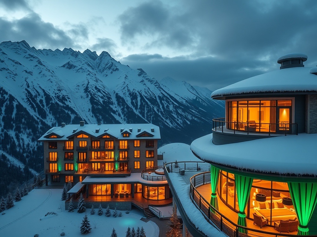 "Modern Alpine luxury casino hotel hero scene