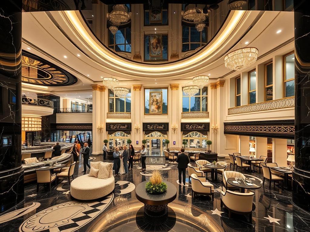 A royal Austrian resort interior panorama "black marble" "ivory lounges" "gold accents" overlooking "casino gaming hall" "gourmet dining" "luxury spa" "evening live music ambiance".