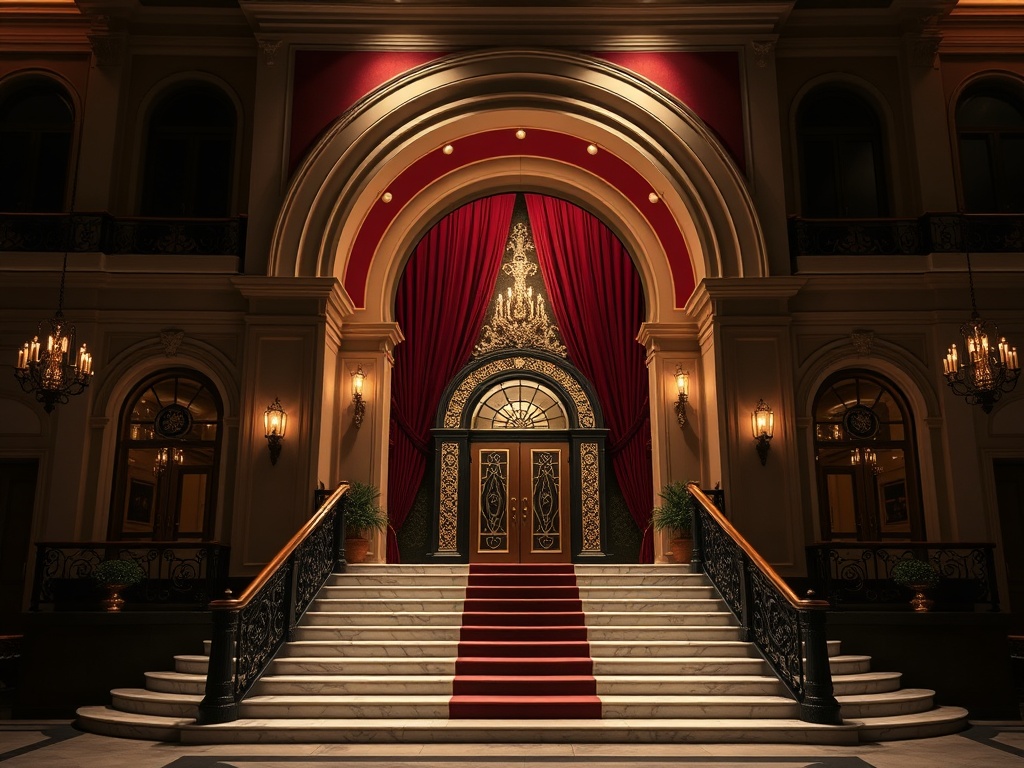 "Austria heritage casino palace at night, grand arched entrance, burgundy velvet glow, marble-white steps, dark bronze accents, gold highlights, elegant adults-only atmosphere, subtle casino lights, cinematic lighting"