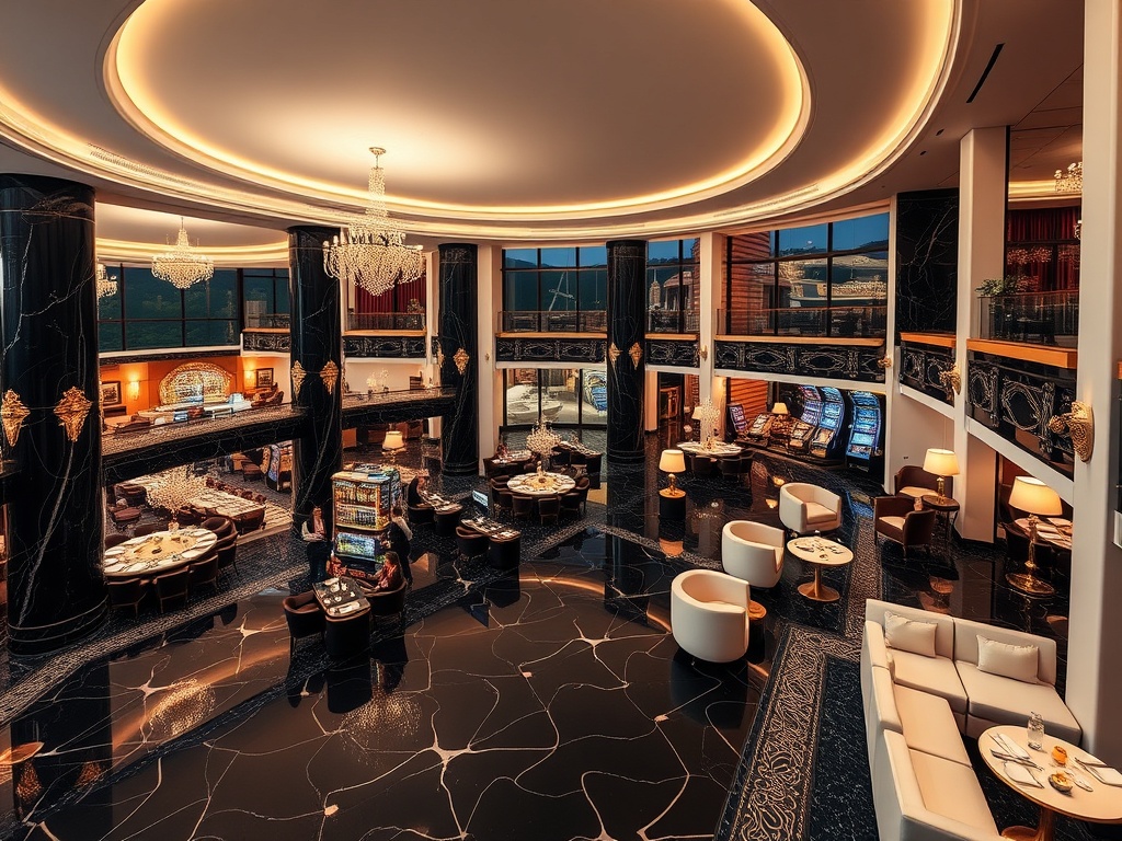 A royal Austrian resort interior panorama "black marble" "ivory lounges" "gold accents" overlooking "casino gaming hall" "gourmet dining" "luxury spa" "evening live music ambiance".