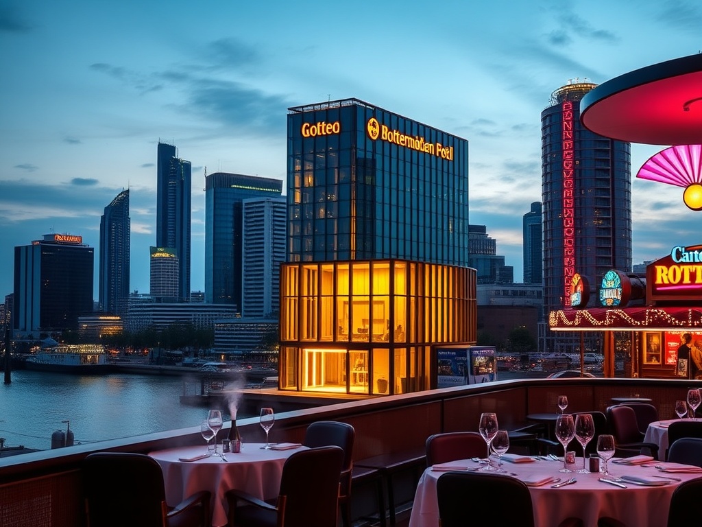 "Rotterdam skyline at dusk, elegant hotel entrance, valet lights, luxurious suite window glow, fine dining table with wine, spa steam, vibrant casino floor with soft neon ambience, premium lifestyle."