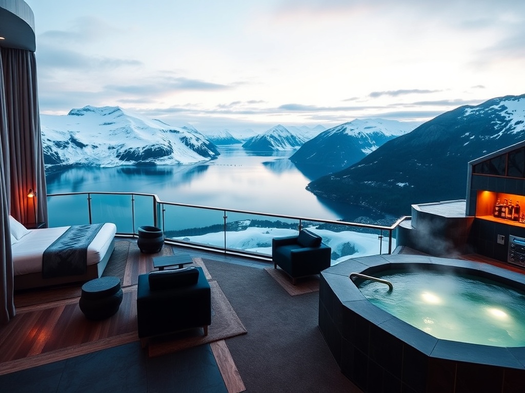 Panoramic arctic fjord resort interior montage