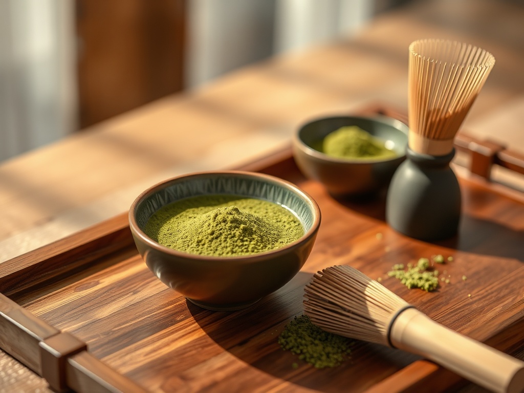 Luxury matcha ritual scene “ceramic matcha bowl” “bamboo whisk” “green tea powder” on “elegant wooden tray”, soft morning light, calming mood, premium feel.