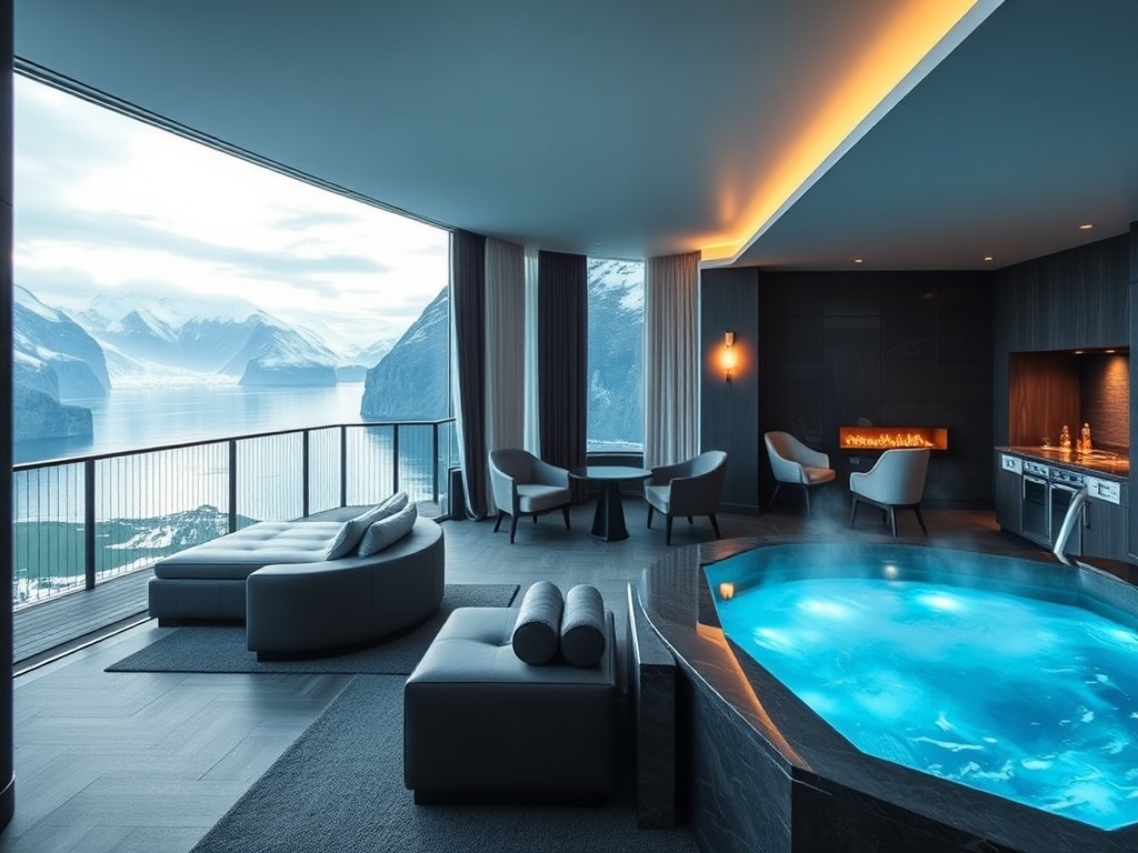 Panoramic arctic fjord resort interior montage
