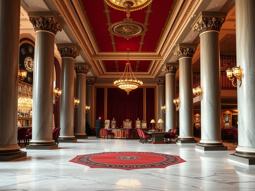 A neoclassical Austrian casino palace interior with burgundy velvet, marble white floors, dark bronze columns, gold accents, warm lighting, gaming hall visible.