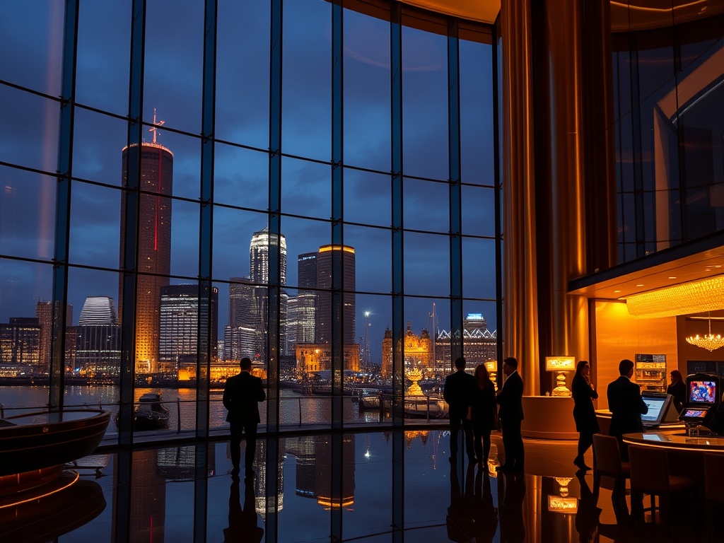 "Elegant Rotterdam skyline night reflections on glossy windows; luxurious lobby with warm golden light; silhouetted guests; seamless blend of spa calm and casino glamour" " "