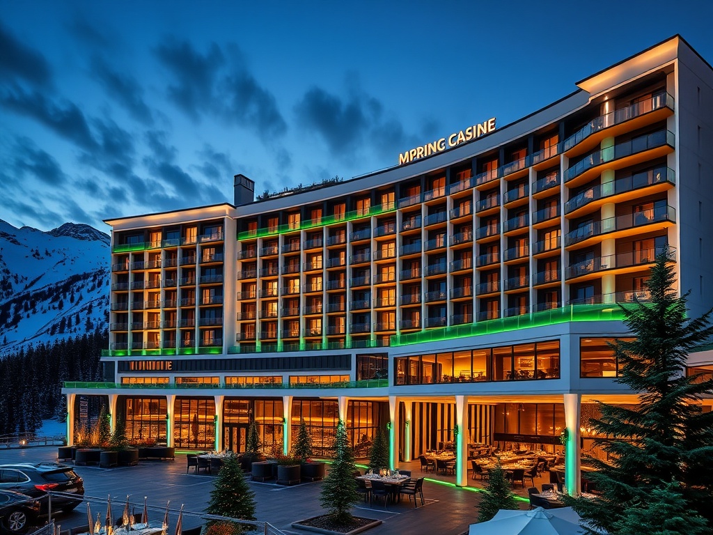 "Modern Alpine casino hotel at dusk, alpine white facade, charcoal lines, emerald lights, gold accents; panoramic suites, elegant gaming lounge, gourmet dining, rooftop cocktails, warm spotlighted ambiance, 18+ adult vibe." "You MUST not include ANY brand