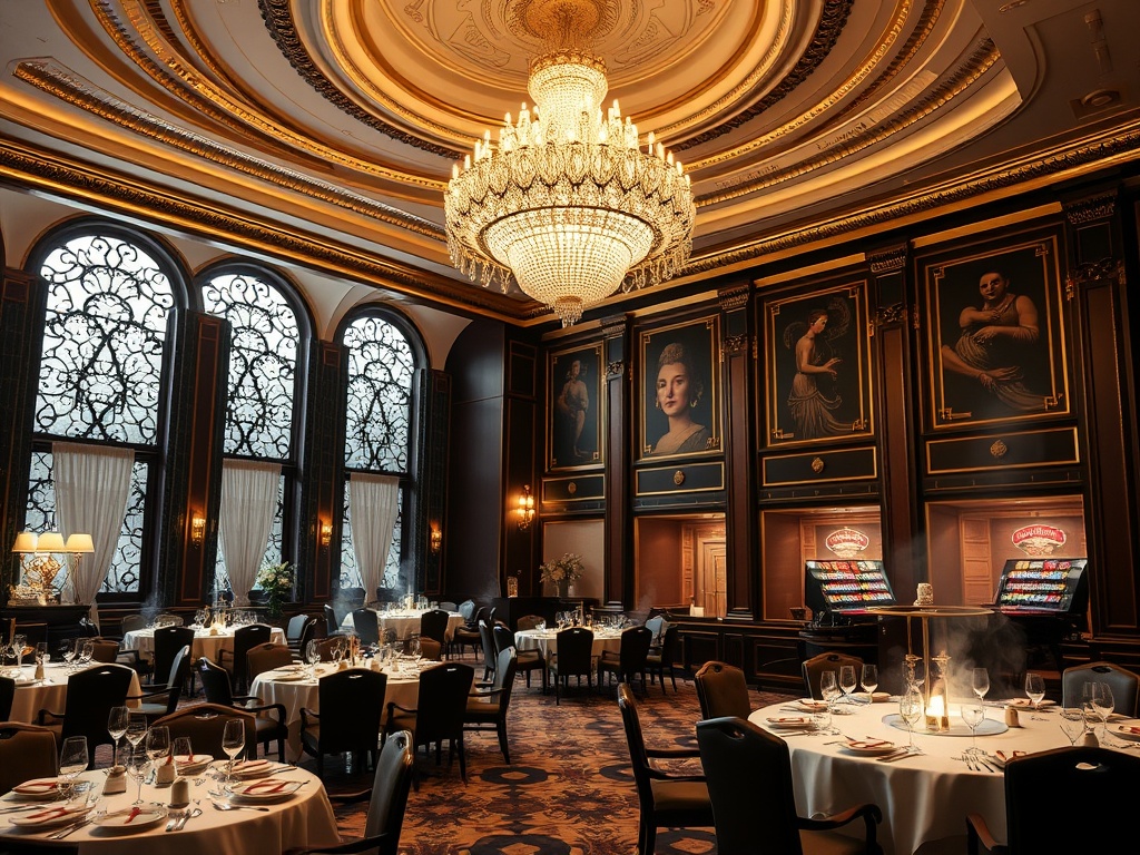 “Imperial Austrian casino hotel interior, ivory black burgundy gold, grand chandelier; elegant dining with Austrian dishes; serene spa steam; distant casino tables, warm cinematic light.”