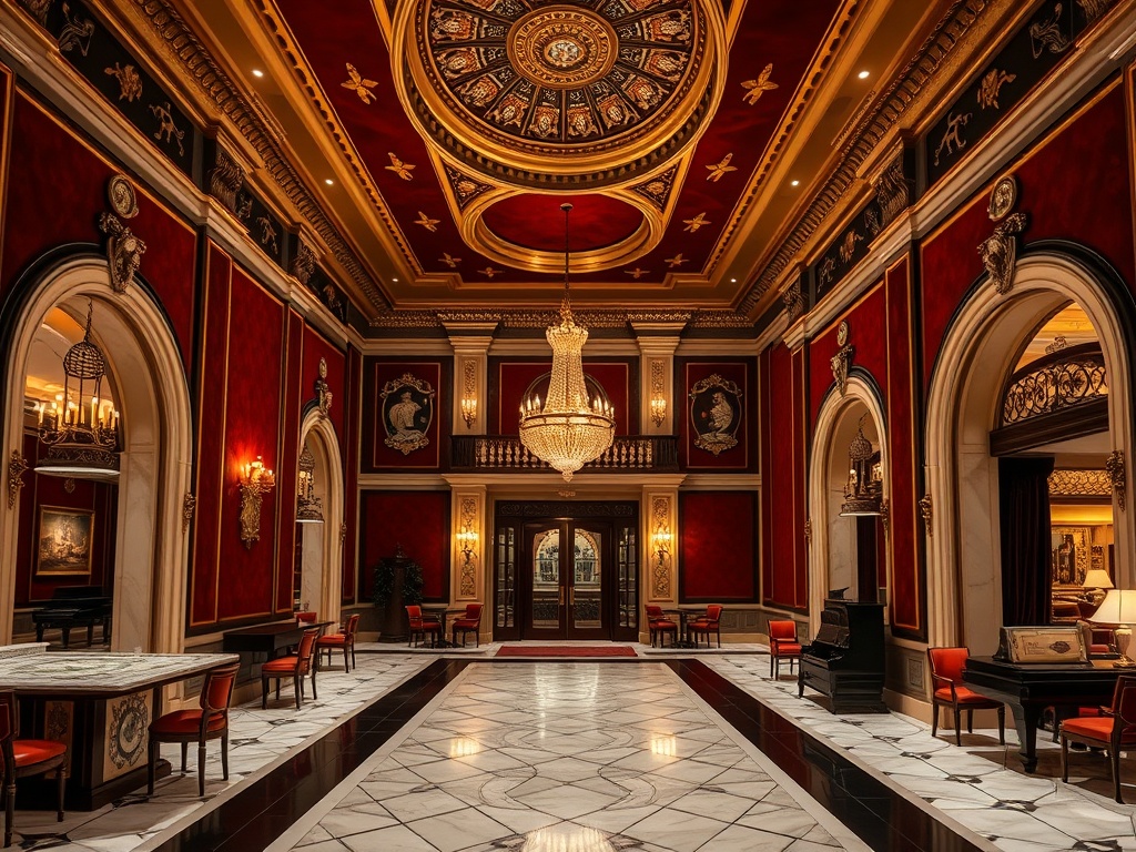 A grand Austrian heritage palace casino at night, illuminated burgundy velvet glow, marble-white corridors, dark bronze accents, gold highlights, elegant suites, piano lounge ambiance, opulent spa doors, refined atmosphere.