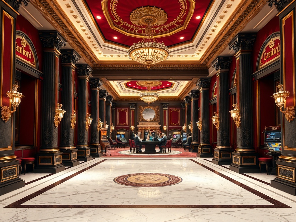 A neoclassical Austrian casino palace interior with burgundy velvet, marble white floors, dark bronze columns, gold accents, warm lighting, gaming hall visible.