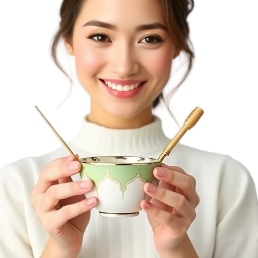 A smiling woman holding elegant matcha set cup and whisk, serene expression, alpine-inspired luxury colors, white background.