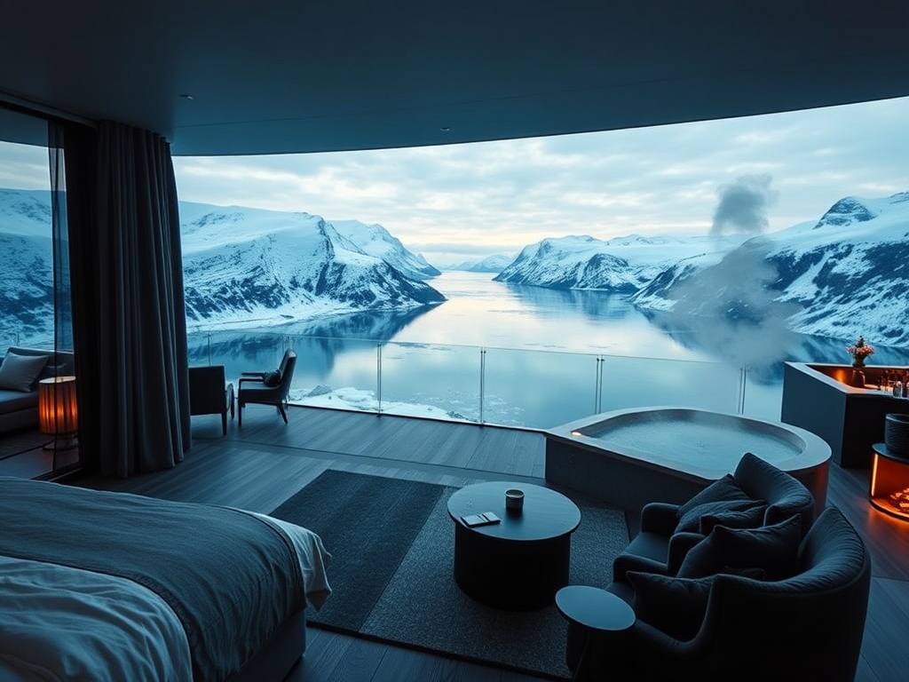 Panoramic arctic fjord resort interior montage