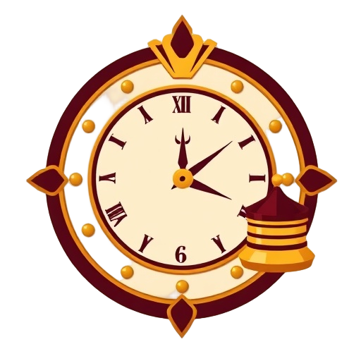 Carefully describe an image showing a regal event program with a large central “clock” symbol in burgundy and gold, surrounded by three stacked icons representing “morning yoga” and “evening entertainment” in an imperial European style, with s
