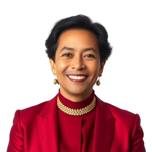 A smiling elegant adult guest in burgundy-and-gold attire, luxury heritage palace testimonial vibe, with a white background looking like