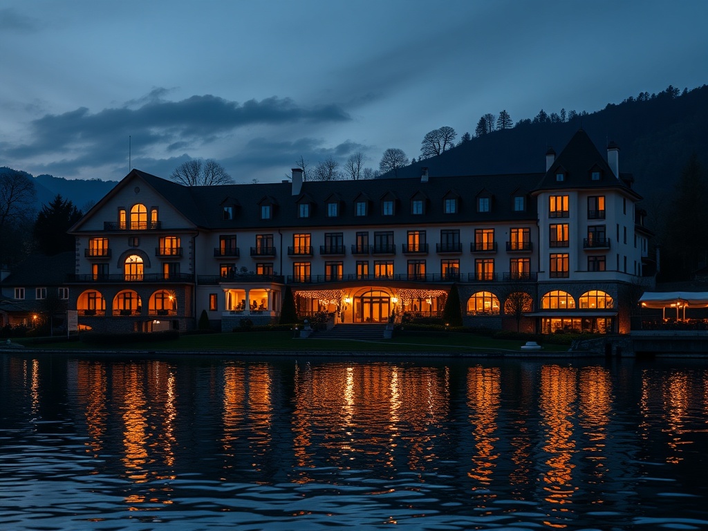 "Lakeside Austrian luxury boutique casino hotel at dusk, illuminated suites with balconies, elegant gaming lounge glow, calm spa lights, piano lounge ambiance, cinematic reflections on water, no people"
