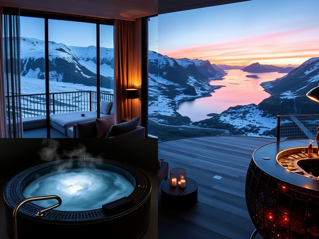 Panoramic arctic fjord resort interior montage