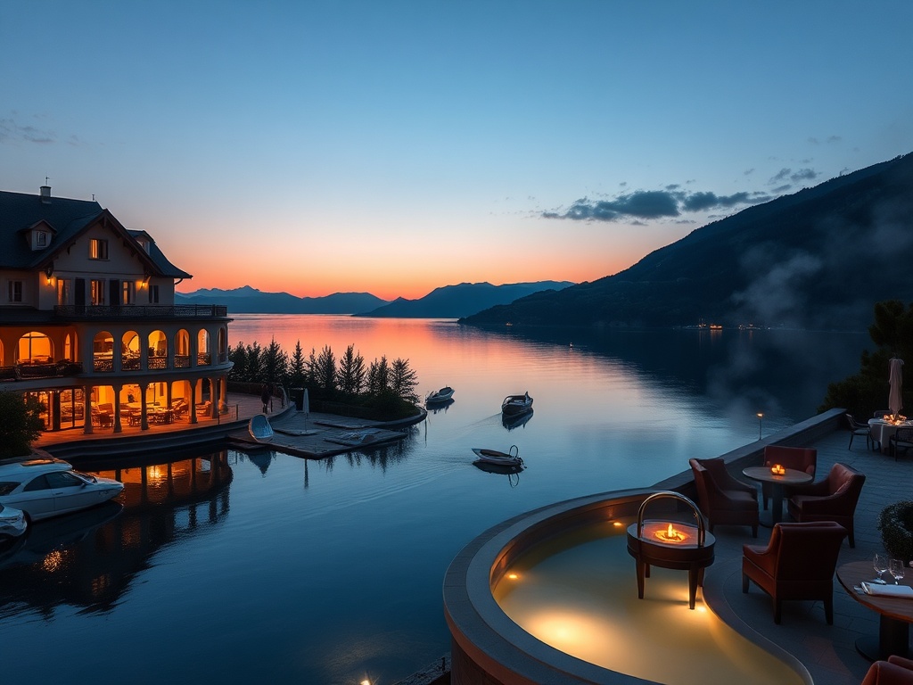 Elegant lakeside Austria boutique casino hotel at dusk, panoramic suites, serene spa steam, intimate piano lounge lighting, gourmet dining ambiance, cinematic luxury.