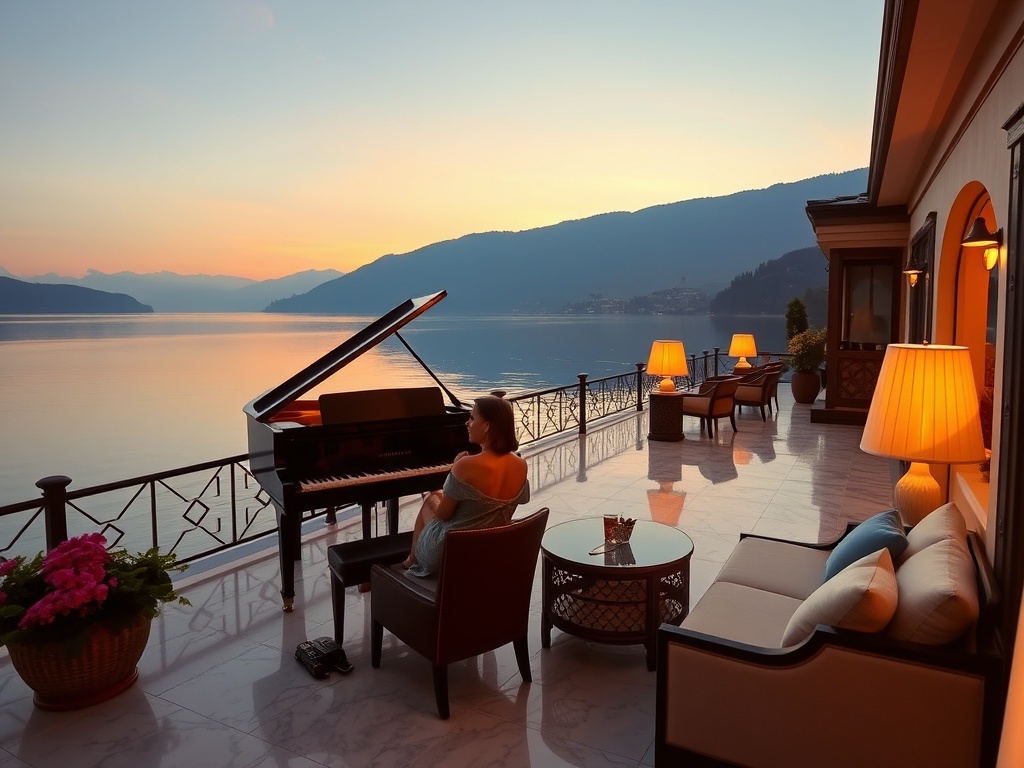 "lakeside Austrian luxury boutique casino hotel" "adult-only ambience" "elegant spa steam" "piano lounge glow" "quiet couple on terrace" "gentle sunset reflections" "marble details"