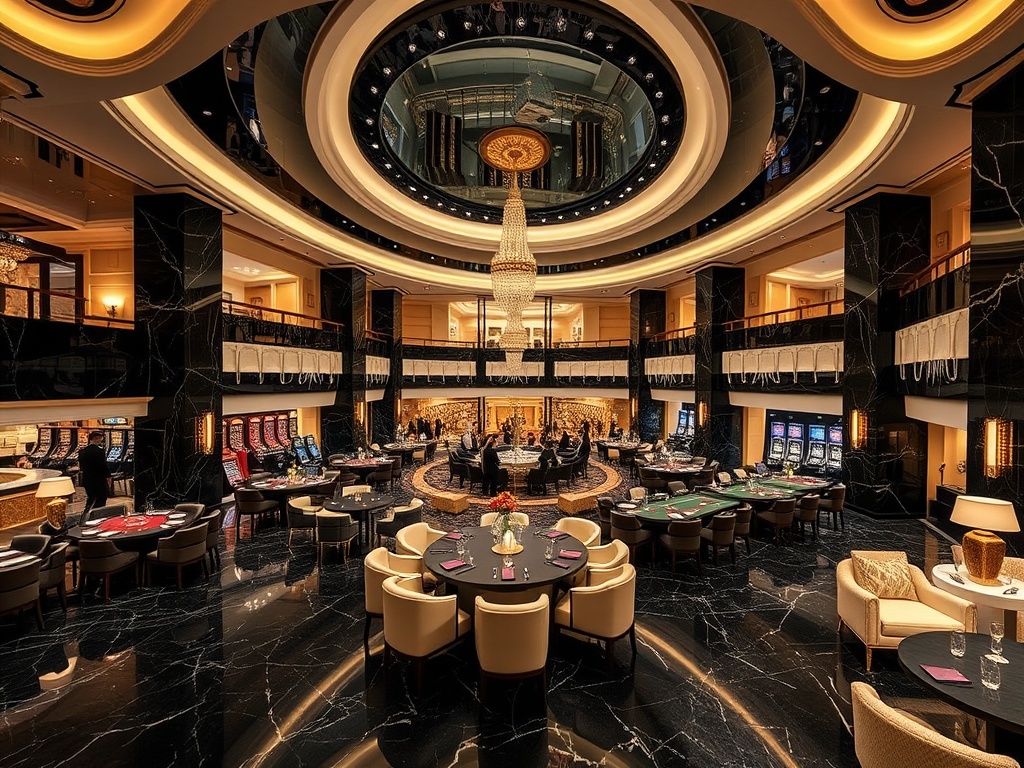 A royal Austrian resort interior panorama "black marble" "ivory lounges" "gold accents" overlooking "casino gaming hall" "gourmet dining" "luxury spa" "evening live music ambiance".