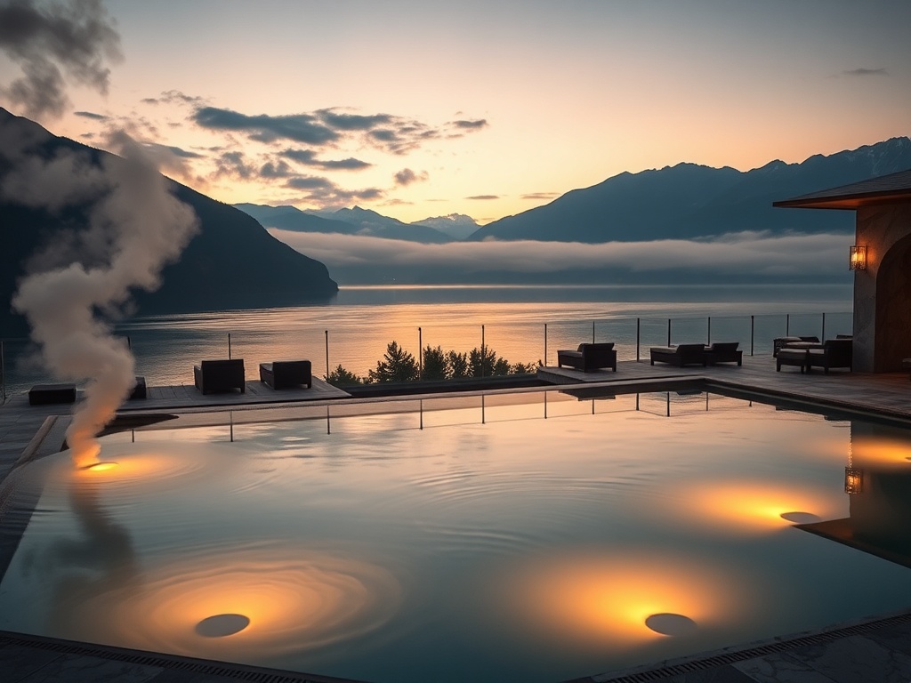 "Lakeside Austrian boutique hotel spa at dusk, warm infinity pool beside alpine water, steam rising, elegant marble wellness interior, soft candles, distant piano glow, luxurious adults-only ambiance." "High-end cinematic lighting, ultra-detailed, serene 