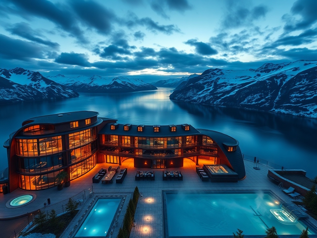 A panoramic fjord hotel at dusk, glacier-blue glass suites with warm gold glow, elegant casino lounge lights, serene spa steam, cinematic lighting.